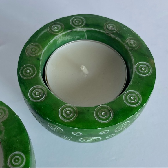 Soapstone Votive Candle Holders 2 Kelly Green Carved Round Etched swirled EUC - Picture 2 of 14